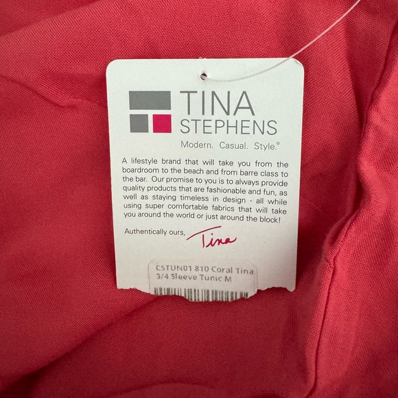 NWT TINA STEPHENS 3/4 SLEEVE TUNIC CORAL AND WHITE SIZE MEDIUM - Picture 7 of 9